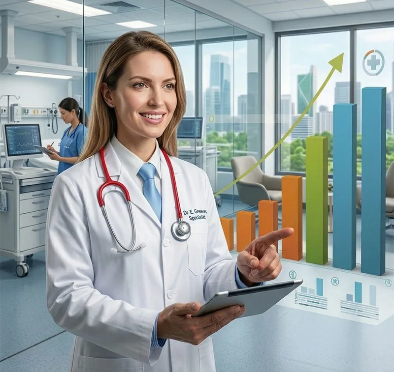 Doctor reviewing clinic growth on portal dashboard