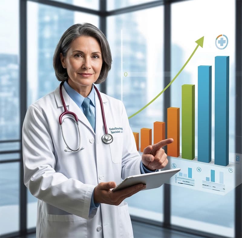 Doctor reviewing clinic growth on portal dashboard